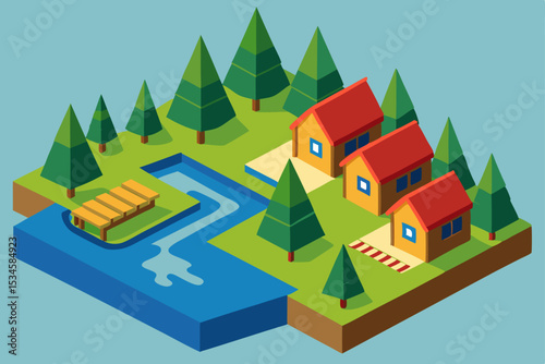 Isometric Illustration Lakeside Cottages nestled in a tranquil pine forest