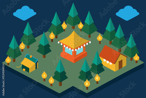 Enchanted Forest Campground Isometric Illustration of a Magical Camping Scene