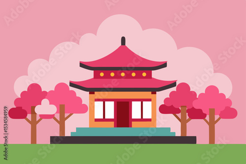 Serene Asian Temple Amidst Blooming Cherry Blossoms A Peaceful Illustration