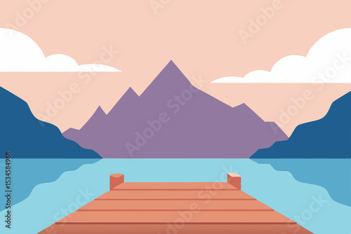 Serene Lakeside Mountain View Peaceful Dockside Scene Illustration