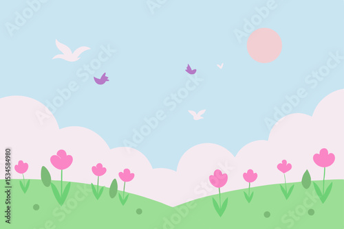 Springtime Meadow Pastel Tulips, Butterflies, and Birds in a Sunny Sky