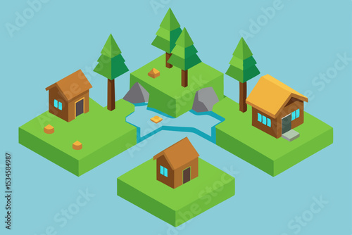 Charming Isometric Village Illustration Houses, Trees, and River