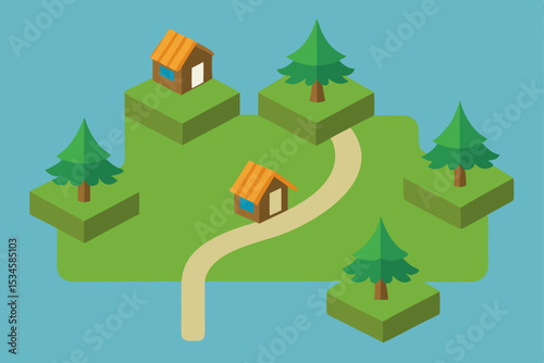 Charming Isometric Illustration of a Picturesque Village nestled amongst Evergreen Trees