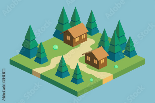 Isometric Illustration of Cozy Cabins nestled in a lush Evergreen Forest