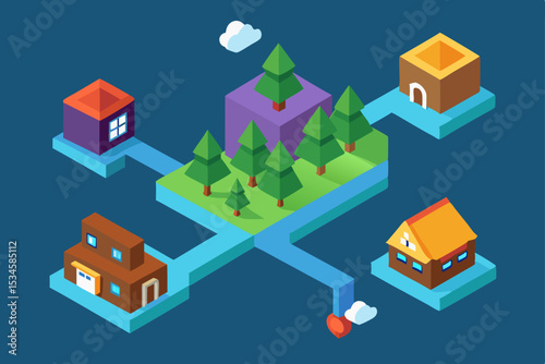 Isometric Village Connected Homes and Nature - Pixel Art Design