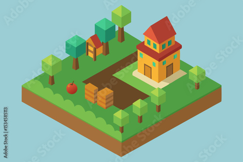 Charming Isometric Farm House Illustration Rural Landscape Design