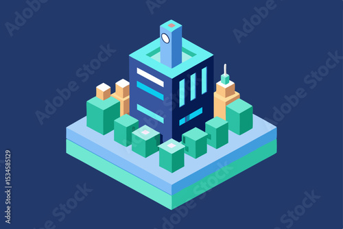 Isometric Cityscape Modern Architecture in a Blocky, Pixelated Design