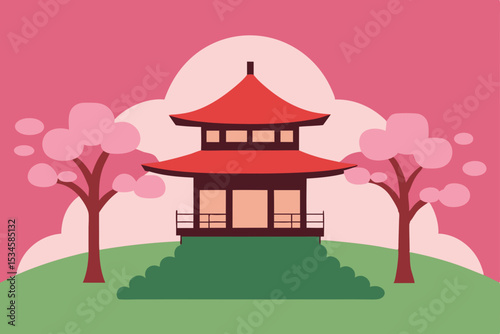 Serene Asian Temple nestled amidst Cherry Blossoms A Peaceful Spring Scene