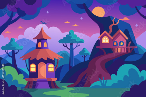 Enchanted Forest Nighttime Fantasy Houses in a Magical Landscape