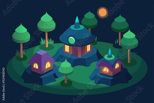 Enchanted Night Village Isometric Illustration of Cozy Houses on a Hillside