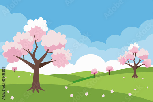 Serene Spring Landscape Pink Blossoms and Rolling Hills