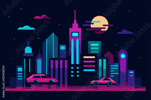 Neon Cityscape Retrofuturistic Night Scene Illustration