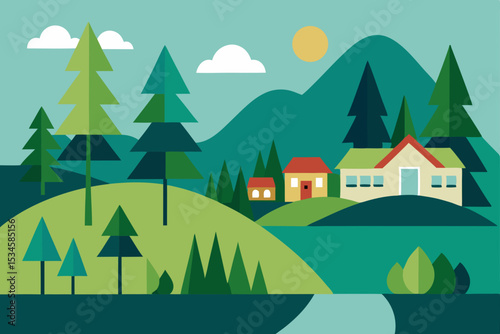 Serene Mountain Village Landscape A Charming Flat Design Illustration