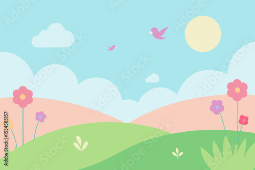 Spring Meadow Pastel Landscape Illustration with Birds and Flowers