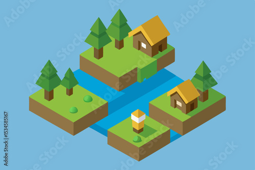 Isometric Village Scene Houses, Trees, and River Illustration