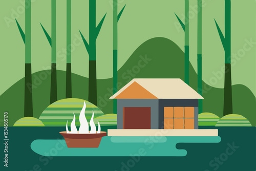 Serene Lakeside House nestled in lush green bamboo forest A tranquil illustration