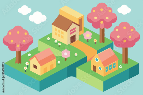 Charming Spring Village Isometric Illustration of Houses, Trees, and Flowers