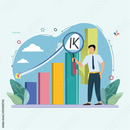 Benchmark performance or KPI key performance indicator, metrics or measurement to measure success, result evaluation, analysis or comparison concept, businessman magnify benchmark metric graph scale
