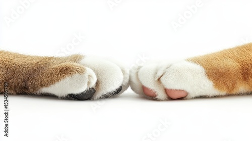 Duo of Cat and Dog Paws United in Harmony on Clean White Canvas