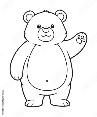 Friendly Bear Character in Black and White Waving Hello or Goodbye
