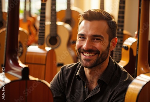 A smiling man with dark hair and beard surrounded by acoustic guitars in a music store