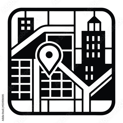 Office Location - Glyph Black Fill Silhouette icon - Office building with a map pin, representing physical address or business headquarters