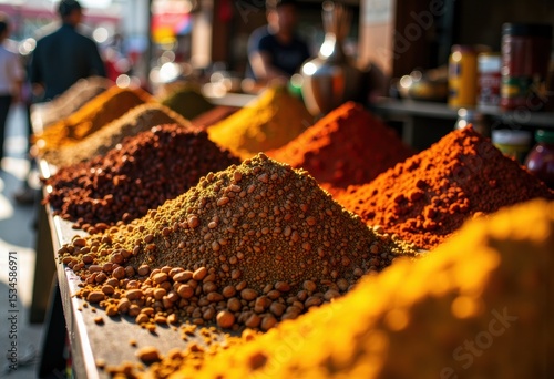 Vibrant spices arranged in colorful mounds at a bustling market photo
