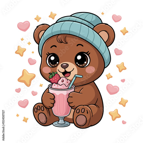 A cute, cartoon bear wearing a blue beanie is happily sitting while holding a milkshake garnished with strawberries.