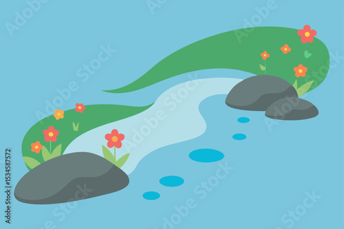 Serene Stream Nature's Gentle Flow with Blooming Flowers and Rocks