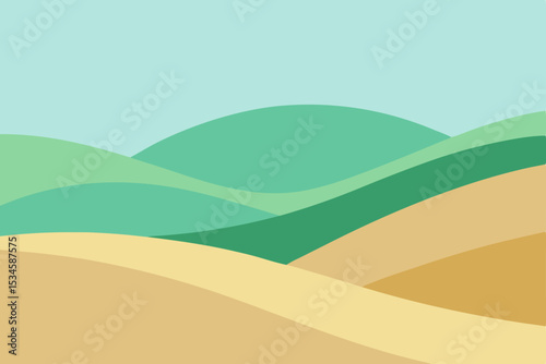 Serene Green and Gold Rolling Hills Landscape Illustration