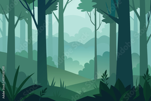 Misty Forest Landscape Serene Green Hills and Tall Trees
