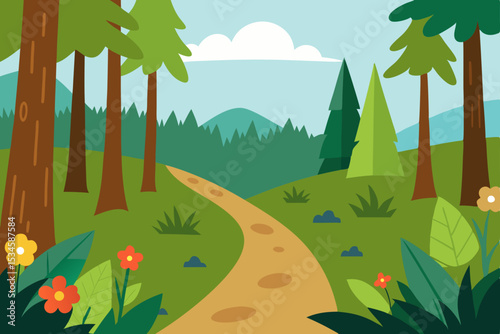 Serene Forest Path A Tranquil Nature Illustration of Winding Trail Through Lush Green Woods