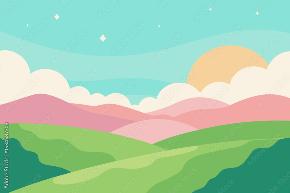 Fototapeta premium Serene Sunrise Pastel Hills and Gentle Slopes Landscape Illustration