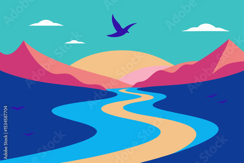 Serene Sunrise Landscape A River's Journey Through Colorful Mountains