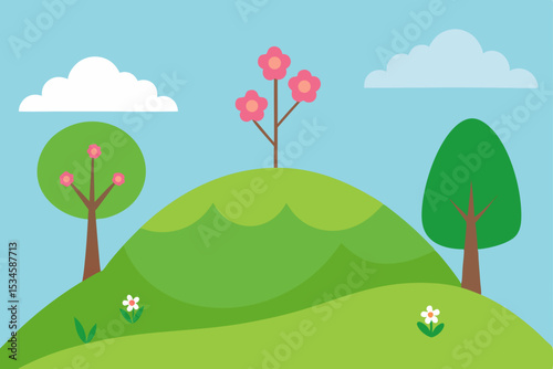 Springtime Hillside Blossoms, Trees, and a Sunny Day