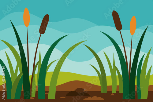 Serene Marsh Landscape Cattails, Grasses, and Tranquil Waters