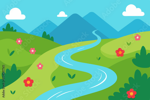 Serene River Winding Through Lush Green Valley and Majestic Mountains A Picturesque Landscape