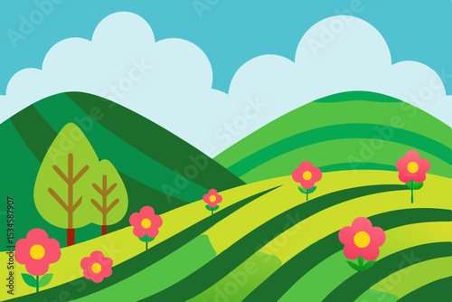 Serene Spring Landscape Rolling Hills, Blossoming Flowers, and Lush Green Meadows