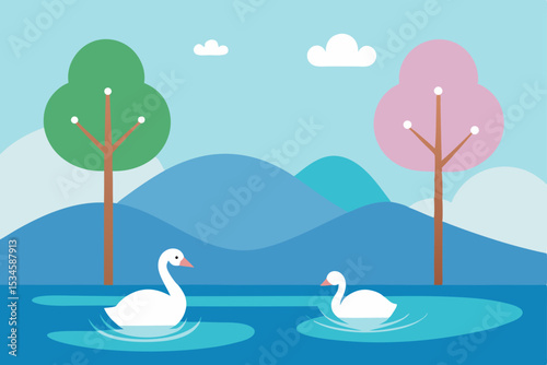 Serene Swans on a Tranquil Lake A Picturesque Springtime Scene