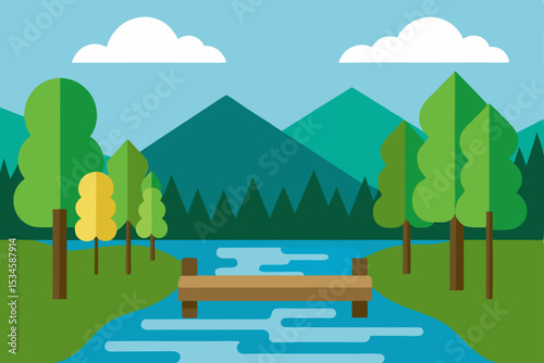 Serene Lakeside Bridge Picturesque Mountain View, Tranquil Nature Scene