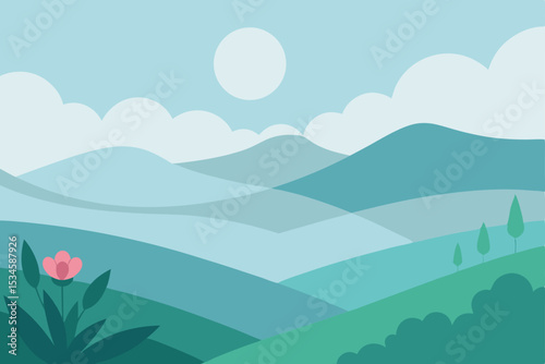 Serene Mountain Landscape A Peaceful Vista of Rolling Hills and Blooming Flower