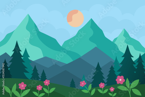 Serene Mountain Landscape A Breathtaking Vista of Peaks, Pines, and Blossoms
