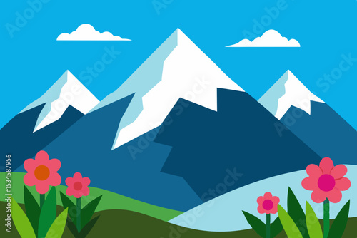 Majestic Mountain Peaks and Blooming Flowers A Serene Landscape Illustration