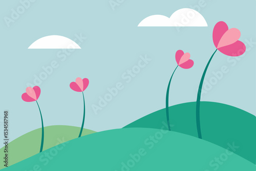 Whimsical Pink Flowers Blooming on Gentle Green Hills A Springtime Illustration
