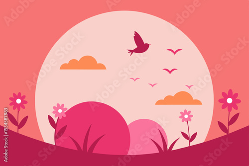 Serene Sunset Landscape Birds, Flowers, and Peaceful Hills Silhouette