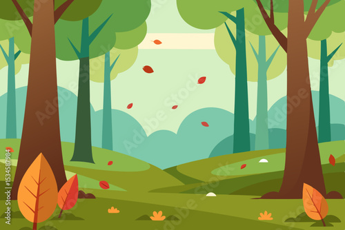 Autumn Forest Landscape Falling Leaves and Serene Nature Illustration