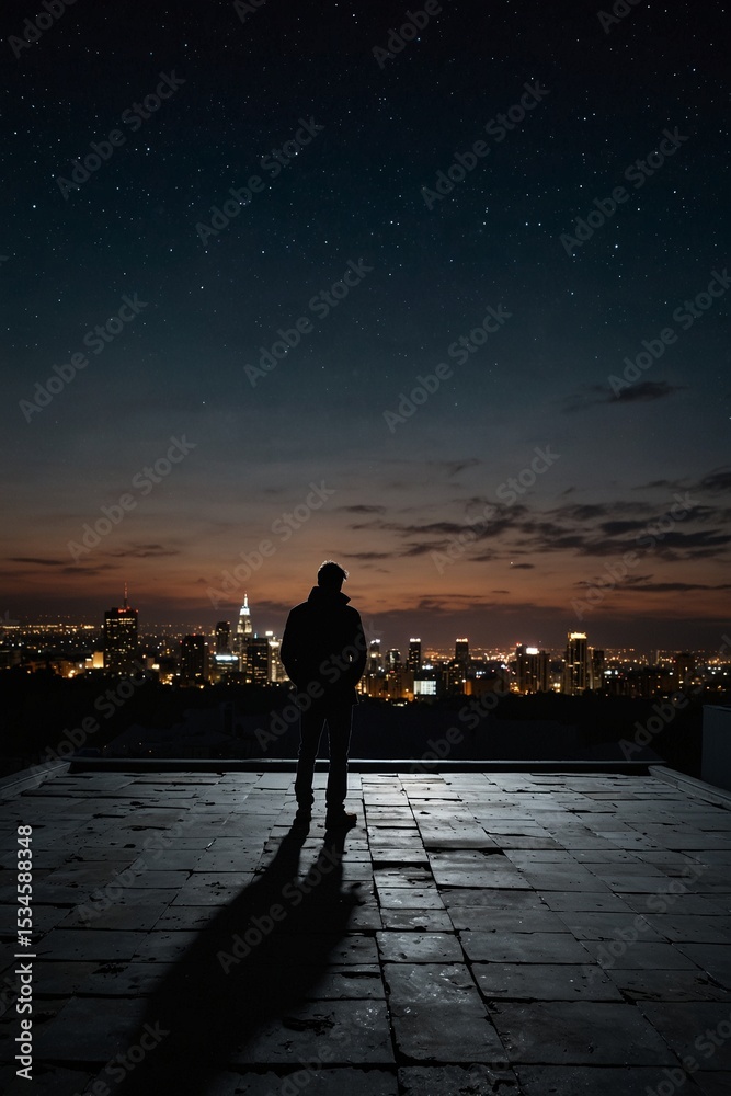 Fototapeta premium Silhouette of person overlooking city skyline at night