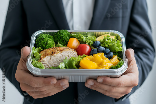 Healthy meal in a box held by a person in a suit: chicken breast, broccoli, tomatoes, mango, and blueberries for a balanced diet.