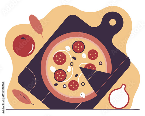 Traditional Italian Pizza with Sausage, Olives & Basil on Wooden Board - Fresh Fast Food Isolated on White