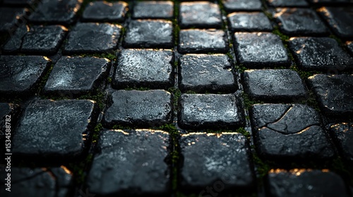Dark stone pavement with small green moss between squares